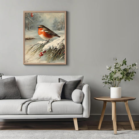 Posterizer 1 pcs-little bird in snowy winter scene-oil painting style -9-Art for Animal Lovers-Landscape & Nature Art-Decor for Home & Office- unf...