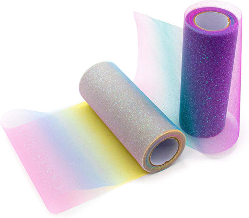 AUEAR, 2 Pack Rainbow Glitter Tulle Netting Rolls for Table Runner Chair Sash Bow Wedding Unicorn Party Pet Tutu Skirt Sewing Crafting Fabric Birt...