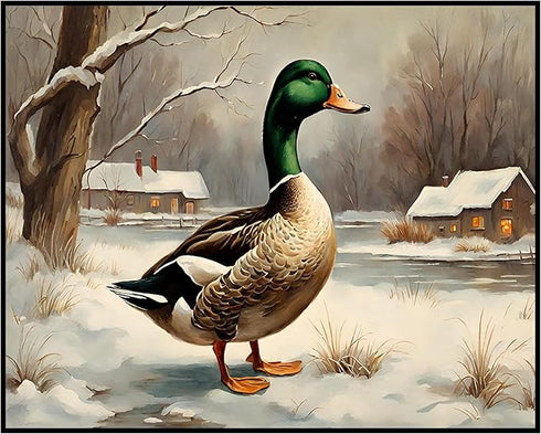 Posterizer 1 pcs-duck in snowy winter nature-oil painting style 1-Art for Animal Lovers-Landscape & Nature Art-Decor for Home & Office- unframed w...