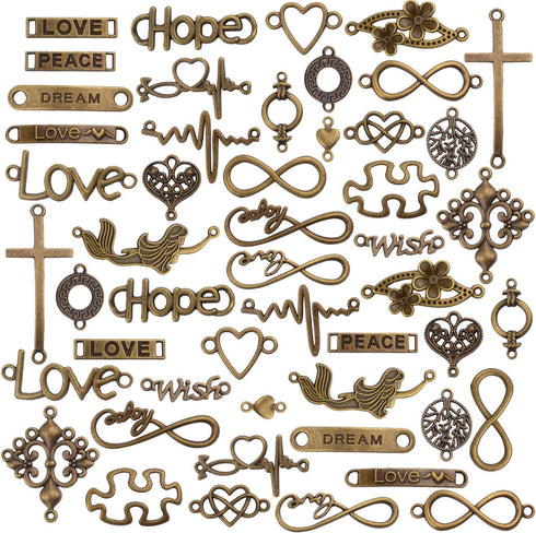 Words Connector Charms, 50 Pieces Mixed Word Letter Connector Pendant Infinity Symbol Link Charms for DIY Necklace Bracelet Jewelry Making - Antiq...