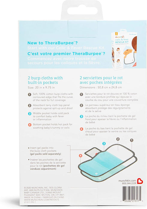 Munchkin® TheraBurpee: 2 Pack Burp Cloths with Built-in Pockets, for use with Colic & Fever Rescue Kit, 1 Blue, 1 Mint,2 Count (Pack of 1)...