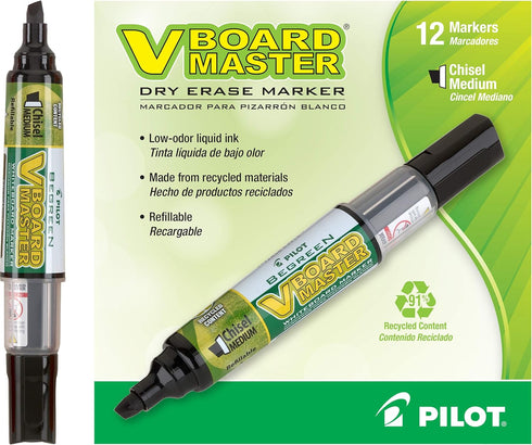 PILOT V Board Master BeGreen Refillable White Board Markers, Chisel Tip, Black Ink, 12 Count...