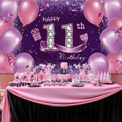 Happy Birthday Party Decorations, Large Fabric Happy 11th Anniversary Birthday Backdrop Photo Booth Background with Rope for Girls Birthday Party ...