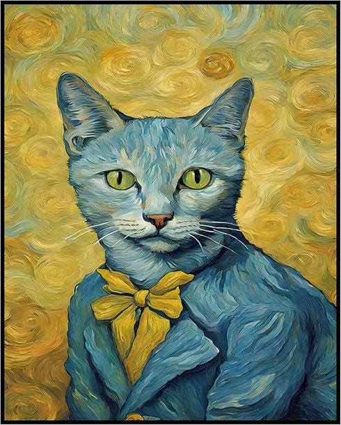 Posterizer 1 pcs- Blue cat with clothes on and a yellow background-Art for Animal Lovers-Comedy Art- Gift for Men Women Entrepreneur Teens-Decor f...