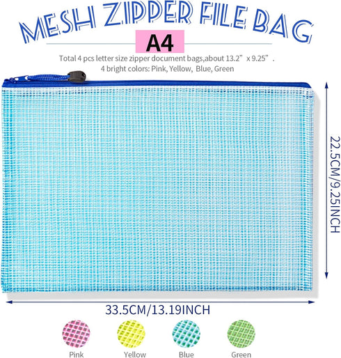 LEOBRO 4 Pack Mesh Zipper Pouch, 13.2"x 9.2" A4 Letter Size Mesh Bags with Zipper, Plastic Envelopes Zip File Document Bags, Storage Bags for Orga...