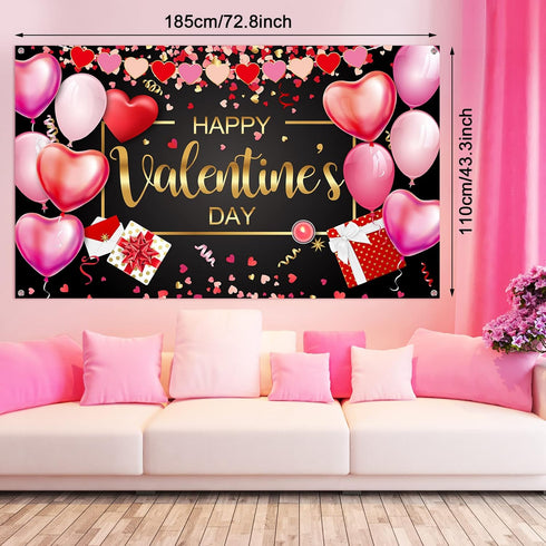 Sumind Happy Valentine‘s Day Banner 73''x43'' Heart Photography Backdrop Large Valentines Day Background Party Decorations Photo Booth Prop(Black ...