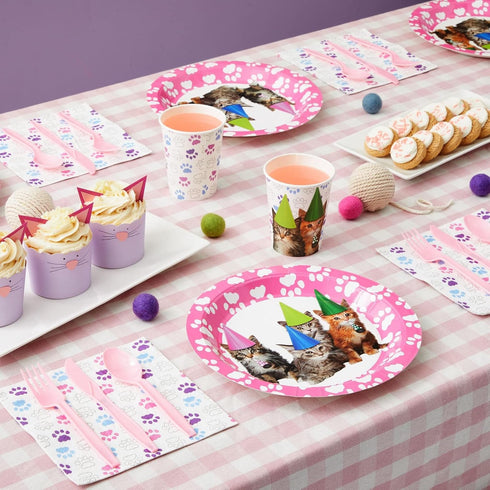 Juvale Kitten Party Supplies Set with Happy Birthday Cat Paper Plates - 144-Piece Pink Party Kit for 24 Guests - 9in Plates, 6.5in Napkins, 9oz Ca...