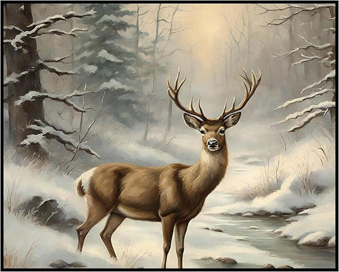 Posterizer 1 pcs-majestic deer in snowy winter scene-oil painting style-8-Art for Animal Lovers-Landscape & Nature Art-Decor for Home & Office- un...