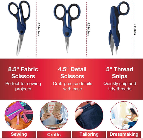 SINGER ProSeries Sewing Scissors Bundle, 8.5" Heavy Duty Fabric Scissors, 4.5" Detail Embroidery Scissors, 5" Thread Snips with Comfort Grip (Dark...