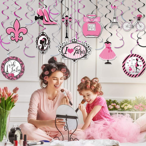 30 Pieces Paris Party Hanging Swirls Decorations, Pink Paris Eiffel Tower High Heels Ooh La La Card Hanging Metallic Foil Streamers Decor Kid Boy ...