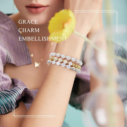 1800Pcs Silver & Gold Round Spacer Beads 3 Sizes Smooth Loose Ball Beads Alphabet Pearls Beads and 2 Rolls Elastic String for DIY Craft Making Sup...