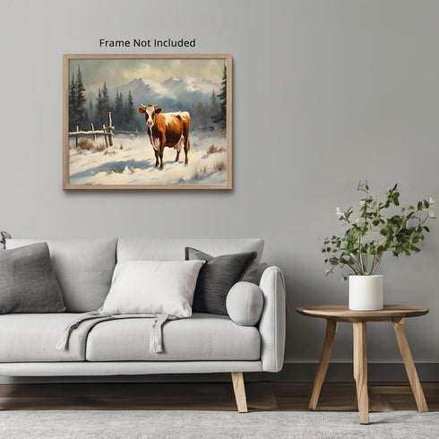 Posterizer 1 pcs-cute cow in snowy winter scene-oil painting style-1-Art for Animal Lovers-Landscape & Nature Art-Decor for Home & Office- unframe...