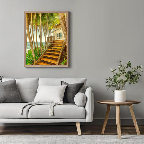 Posterizer 1 pcs-serene coastal scene with tall palm trees and stairway 1-Landscape & Nature Art-Coastal & Nautical Art-Decor for Home & Office- u...