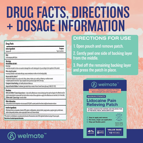 WELMATE | 4% Lidocaine Numbing Patch | Maximum Strength | Temporary Relief of Pain, Back, Neck, Shoulders, Knees, Elbows, Minor Skin Irritations |...