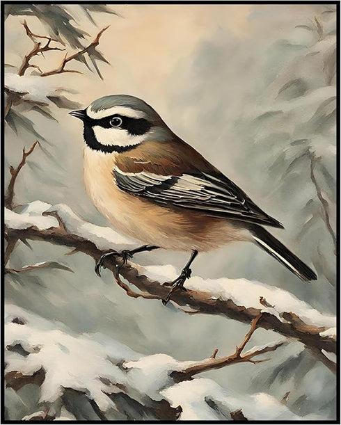 Posterizer 1 pcs-little bird in snowy winter scene-oil painting style -6-Art for Animal Lovers-Landscape & Nature Art-Decor for Home & Office- unf...