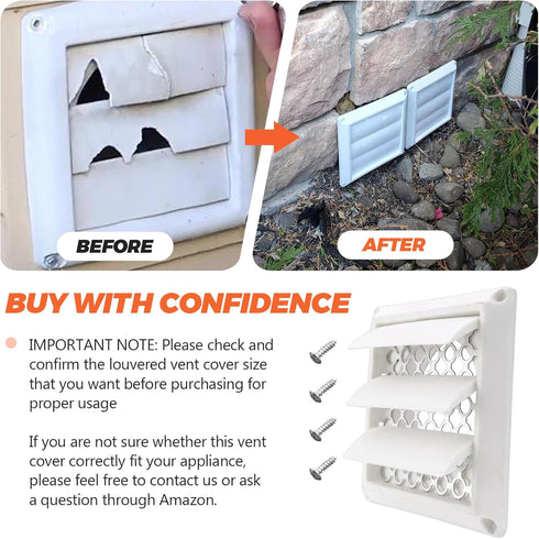 4" Louvered Dryer Vent Cover by Beaquicy - Outdoor White Exhaust Cap with Aluminum Built-in Pest Guard Screen & Screws for 4 Inch Opening Hood Duc...