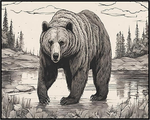 Posterizer 1 pcs- Black and white print of a Grizzly bear in nature-Art for Animal Lovers-Landscape Nature Art- Gift for Nature Beach Lovers-Decor...