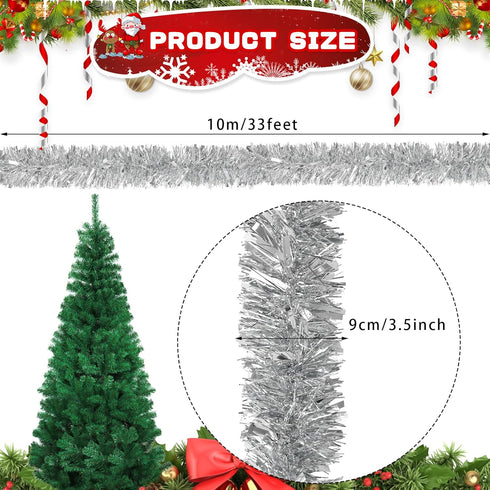 DECORA 33 Feet Silver Tinsel Garland, Christmas Metallic Hanging Tinsel Garland for Xmas Tree Home and Party Decoration...