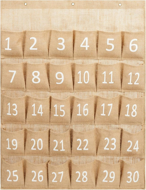 Juvale 30-Row Burlap Cell Phone Holder for Classroom, Farmhouse Designed White Numbered Hanging Pocket Organizer for Mobile Phones, Calculator Cad...