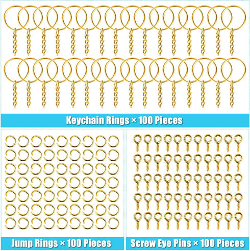 Keychain Rings for Crafts Gold, PAXCOO Key Chains Rings Kit includes 100Pcs Split Key Ring with Chain, 100pcs Jump Rings and 100pcs Screw Eye Pins...