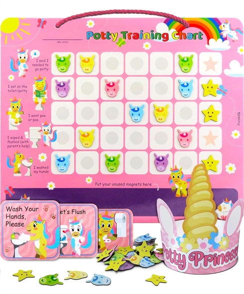 Potty Training Reward Chart – Potty Training Chart with 35 Reusable Stickers, Crown, and Instructional Stickers - Unicorn...