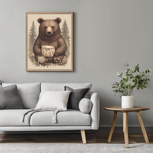 Posterizer 1 pcs- Grizzly bear with a white bag sitting on flowers-Art for Animal Lovers-Abstract & Modern Art- Gift for Men Women Teens-Decor fo...