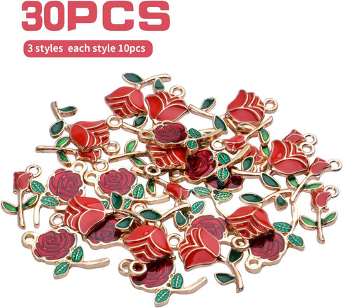 Aylifu 30pcs Enamel Rose Flower Charm Pendant for DIY Jewellery Necklace Bracelet Earring Crafts, 3 Styles...