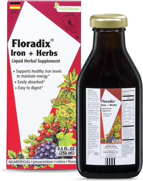 Floradix Iron & Herbs - Liquid Herbal Supplement for Energy Support - Iron Supplement with Vitamin C & B Complex Vitamins - Liquid Iron Supplement...
