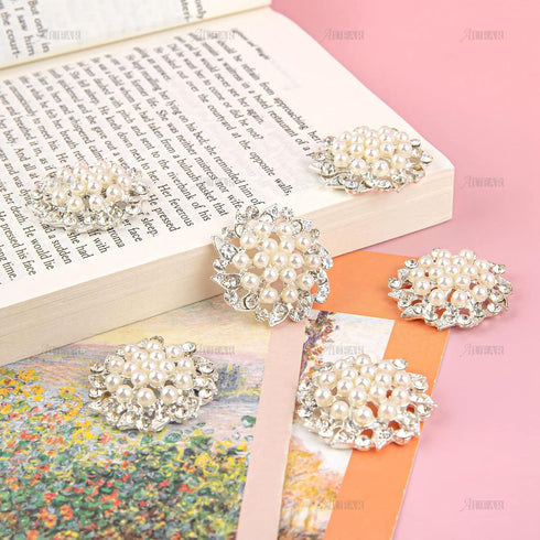 AUEAR, 15 Pack Faux Rhinestone Pearl Flower Buttons Fashion Silver Crystal Button Brooches for Jewelry Making Clothing DIY Craft...
