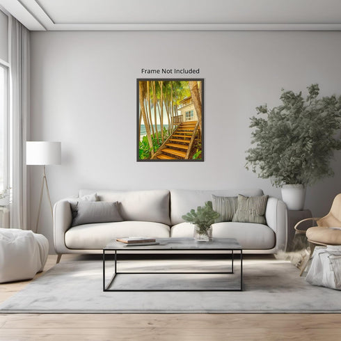 Posterizer 1 pcs-serene coastal scene with tall palm trees and stairway 1-Landscape & Nature Art-Coastal & Nautical Art-Decor for Home & Office- u...