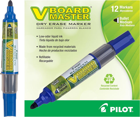 PILOT V Board Master Refillable Dry-Erase Markers, Bullet Tip, Blue Ink, 12 Count...