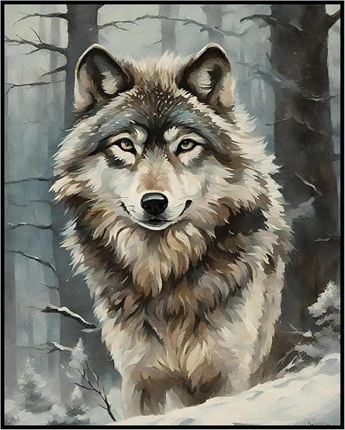 Posterizer 1 pcs-gray wolf in snowy wintery nature-oil painting style -6-Art for Animal Lovers-Landscape & Nature Art-Decor for Home & Office- unf...