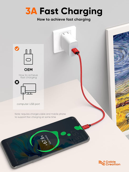 CableCreation USB C Cable 1FT, Red USB A to USB C Cable 3A Fast Charging Braided USB C Male to USB Male Cable for Power Bank, Galaxy S23, iPad Pro...