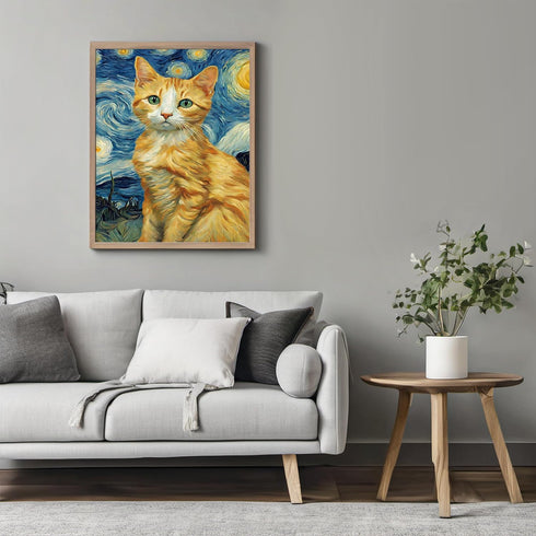 Posterizer 1 pcs- cute orange cat with starry night inspired background-Art for Animal Lovers-Gift for Art Lovers-Living Room Bedroom Decor- unfra...