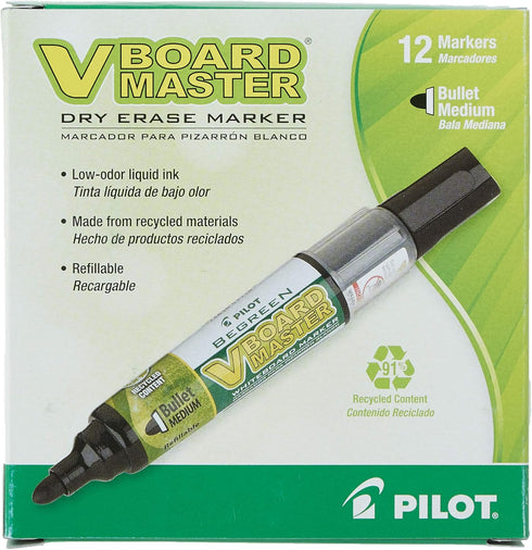 PILOT V Board Master BeGreen Refillable Dry-Erase Markers, Bullet Tip, Black Ink, 12 Count...