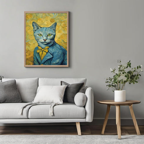 Posterizer 1 pcs- Blue cat with clothes on and a yellow background-Art for Animal Lovers-Comedy Art- Gift for Men Women Entrepreneur Teens-Decor f...