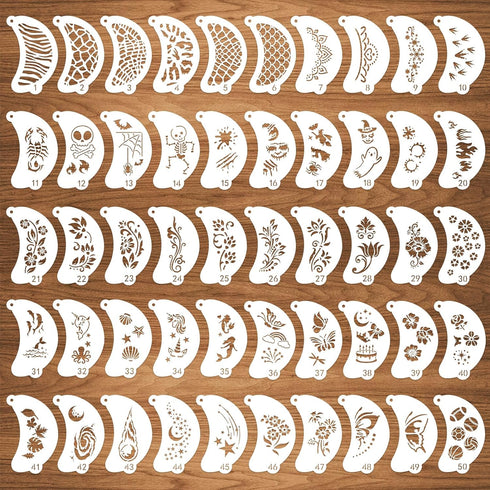50 Pcs Face Paint Stencils, Body Facial Painting Stencils, Floral Stars Animal Skins Patterns Tattoo Painting Templates for Makeup Holiday Hallowe...