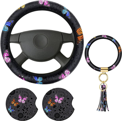 Butterfly Steering Wheel Cover Women Car Accessories Set with Car Cup Holder and Keyring Bracelet Butterflies Design Grip Steering Wheel Cover for...