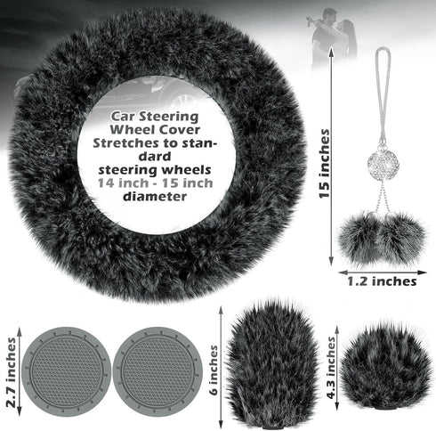 Frienda 6 Pieces Fluffy Car Accessories Set Fluffy Steering Wheel Cover Soft Fuzz Handbrake Cover Gear Shift Cover Bling Car Mirror Fuzz Car Decor...