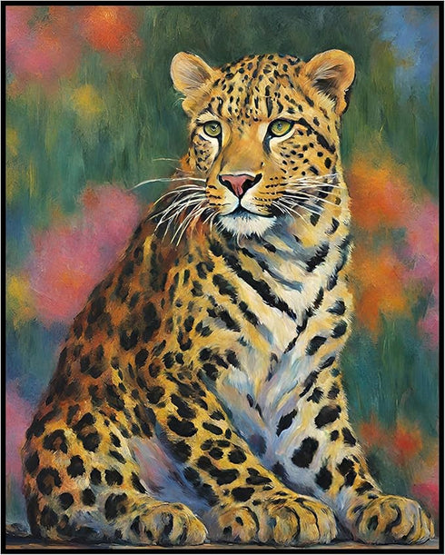 Posterizer 1 pcs- Leopard with a background of flowers oil painting style-Art for Animal Lovers-Floral Botanical Art- Gift for Men Women -Living R...