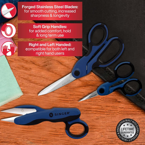 SINGER ProSeries Sewing Scissors Bundle, 8.5" Heavy Duty Fabric Scissors, 4.5" Detail Embroidery Scissors, 5" Thread Snips with Comfort Grip (Dark...