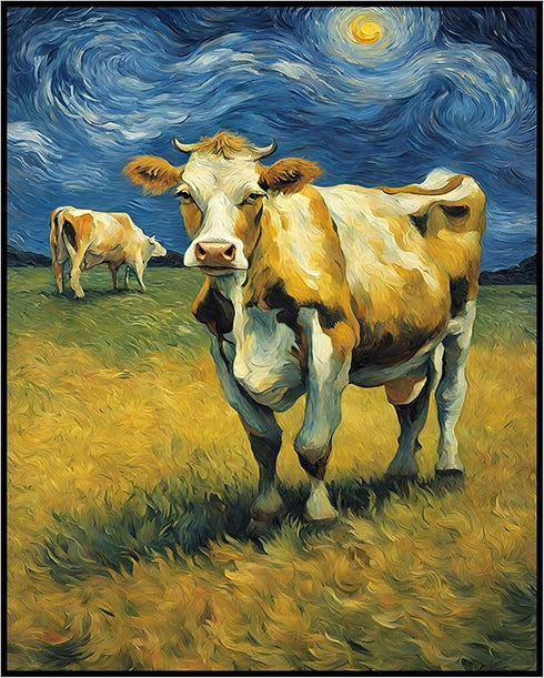 Posterizer 1 pcs- beautiful cows with starry night inspired background-Art for Animal Lovers-Gift for Art Lovers-Living Room Bedroom Decor- unfram...