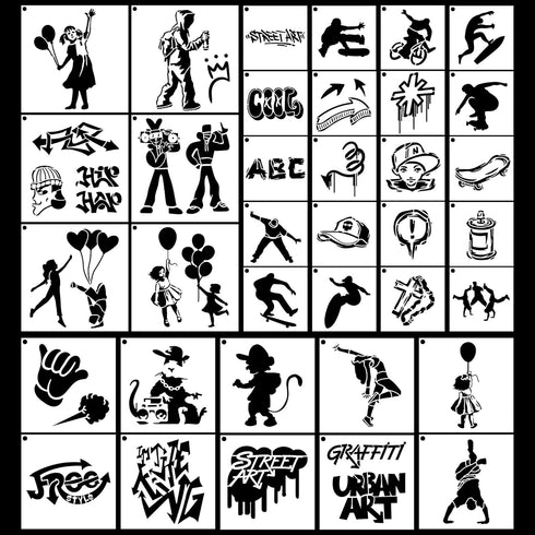 Graffiti Stencils for Painting - 36 Pcs Reusable Street Art Stencils for Painting on Wood, Doodle Stencils for Painting on Wood Wall Canvas Rock, ...