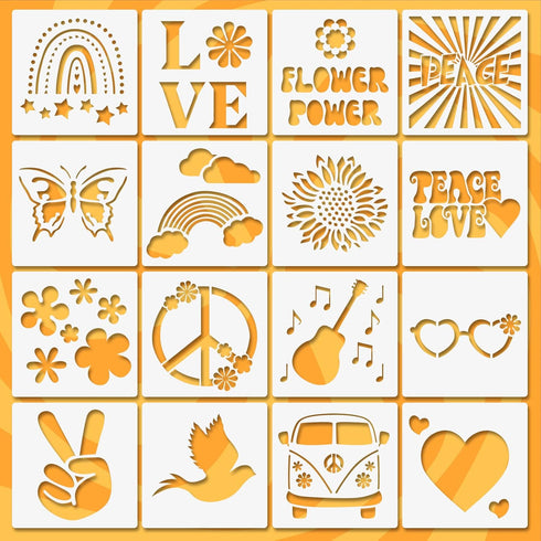 Peace and Love Stencils, 16 Pcs Hippie Stencils, Boho Groovy Floral Love Reusable Plastic Stencil for Painting Paper Drawing Wall Furniture Fabric...