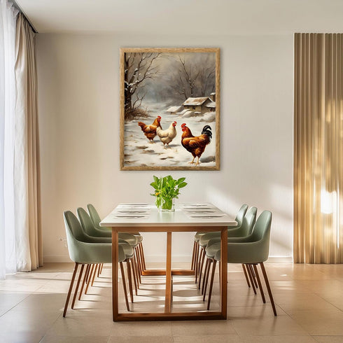 Posterizer 1 pcs-chicken in snowy winter scene-oil painting style -1-Art for Animal Lovers-Landscape & Nature Art-Decor for Home & Office- unframe...
