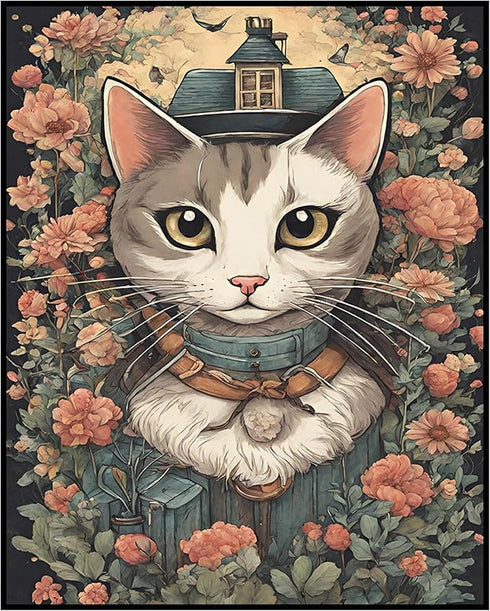 Posterizer 1 pcs- Abstract white cat in the middle of red flowers-Art for Animal Lovers-Floral Botanical Art- Gift for Men Women Teens-Living Room...