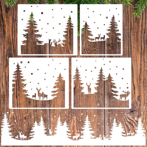 Christmas Stencils Large Xmas Forest Deer Stencil for Wood Christmas Winter Scene Stencil for Painting on Window Wall Canvas Paper...
