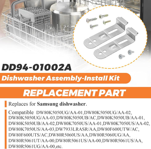 DD94-01002A Dishwasher Assembly-Install Kit by Beaquicy - Replacement for Samsung Dishwashers - Includes 2 Mounting Brackets and 6 Mounting Screws - Replaces AP4450818 2077601 PS4222710
