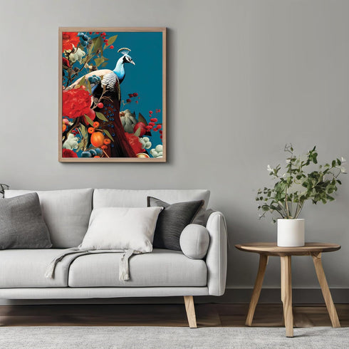 Posterizer 1 pcs-beautiful peacock bird , fruits , flowers collage-Art for Animal Lovers-Landscape & Nature Art-Gift For Animal Lovers- UNFRAMED W...