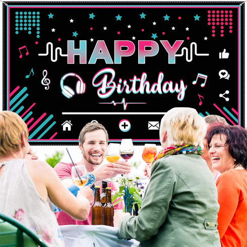 Music Happy Birthday Party Backdrop Musical Social Media Birthday Party Supplies Social Media Photography Background Large Fabric Banner for Teens...